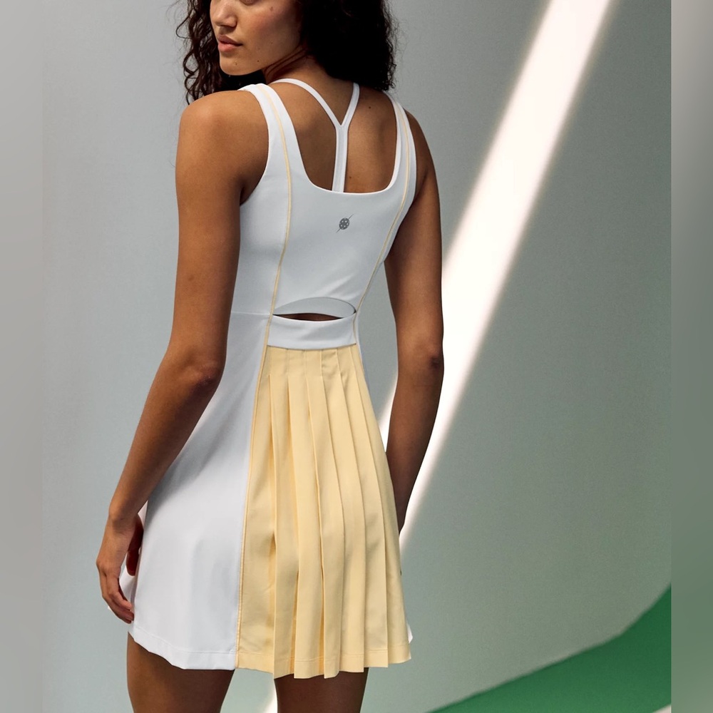 White and Pale Yellow Pleated-Back Mini Dress